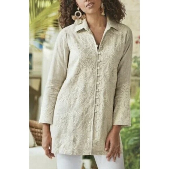 SOFT SURROUNDINGS Embroidered Beige Kamal Rayon Linen Tunic Top M EUC - Picture 1 of 8